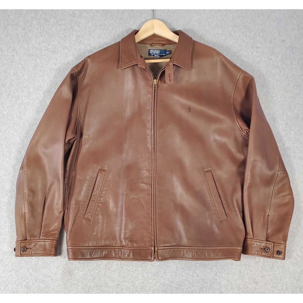 Vintage Polo Ralph Lauren Brown Leather Harrington Jacket Mens XL Full Zip Lined